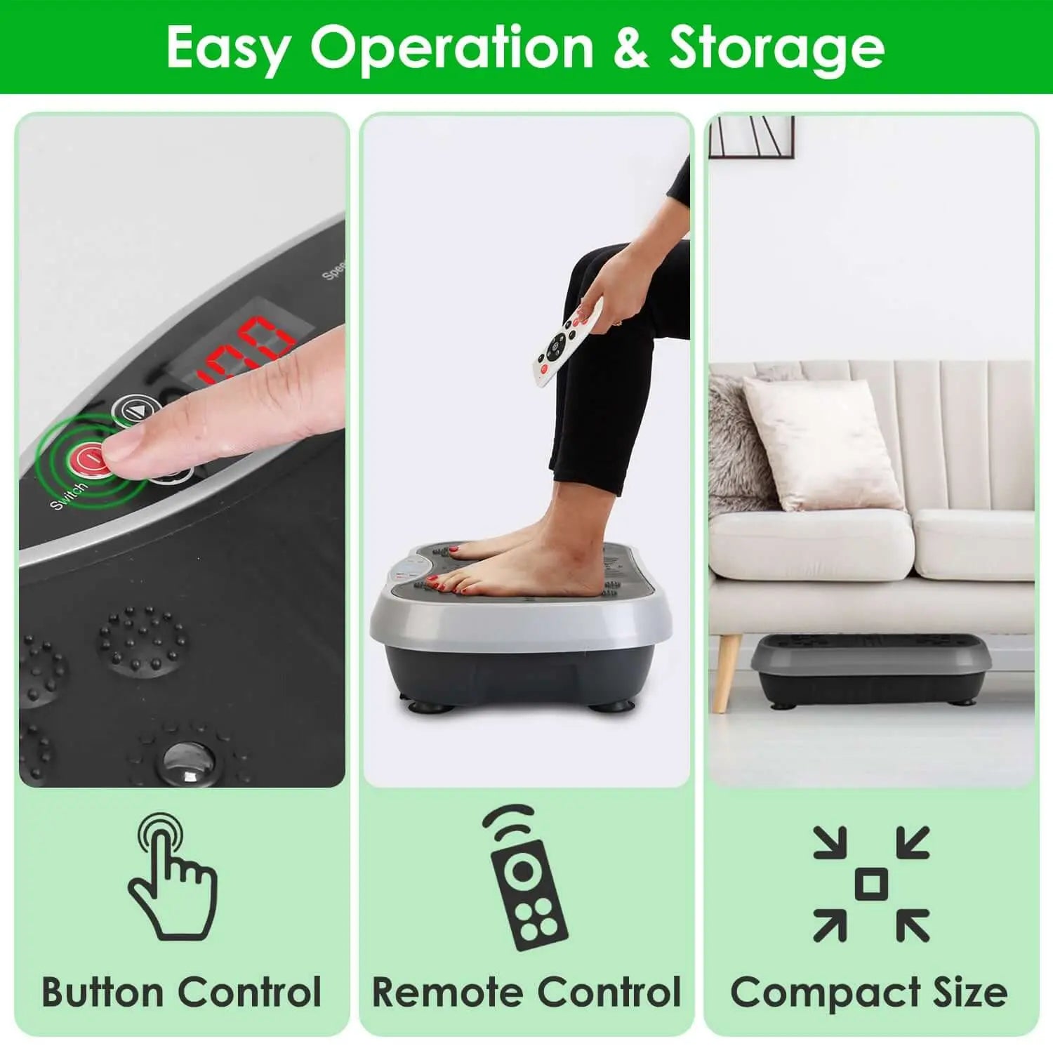Vibration Plate Exercise Machine showcasing easy operation with button control, remote control, and compact size for storage.