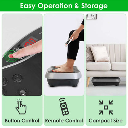 Vibration Plate Exercise Machine showcasing easy operation with button control, remote control, and compact size for storage.