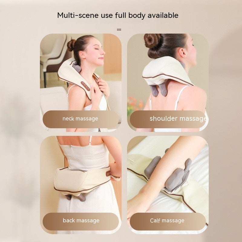 Image showcasing various uses of the Neck Massager: neck, shoulder, back, and calf massages.