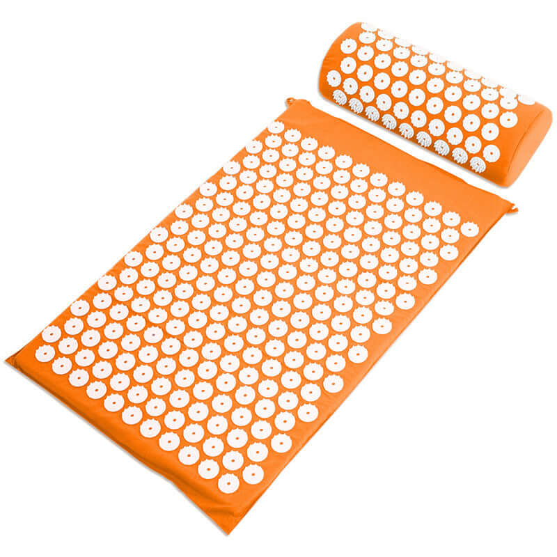 Premium Acupressure Massage Mat & Pillow with Travel Bag in vibrant orange color featuring white spikes.