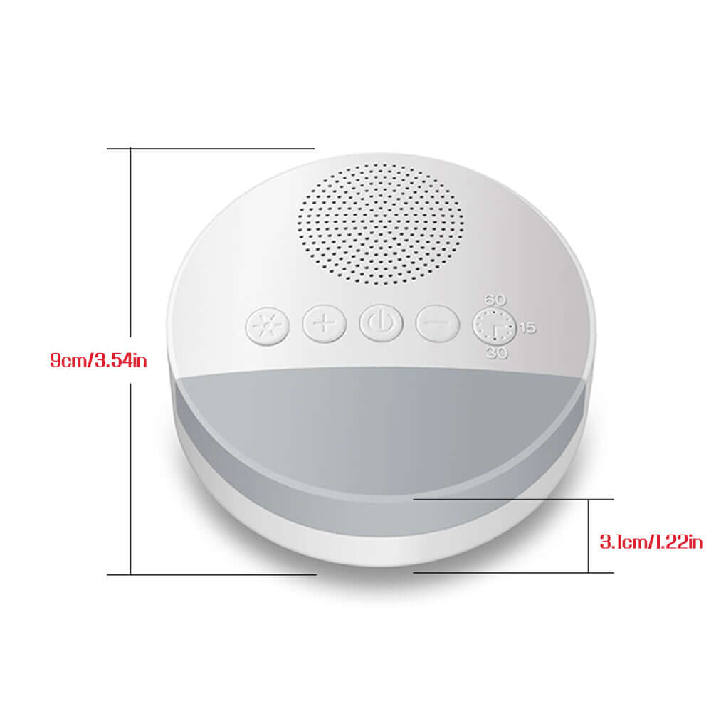 White noise machine with controls and dimensions, perfect for soothing sounds to relax.