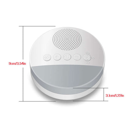 White noise machine with controls and dimensions, perfect for soothing sounds to relax.