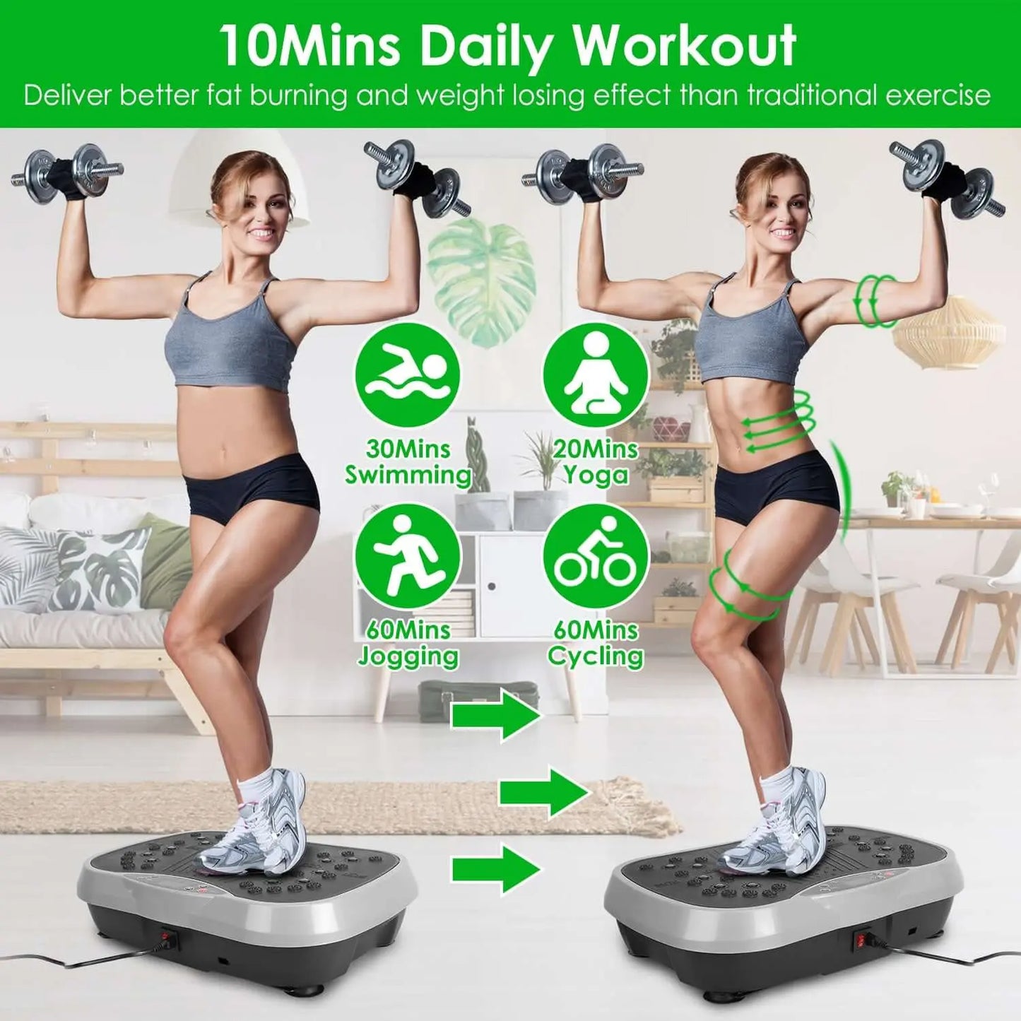 Vibration Plate Exercise Machine showcasing different workout options and benefits for effective fat burning.