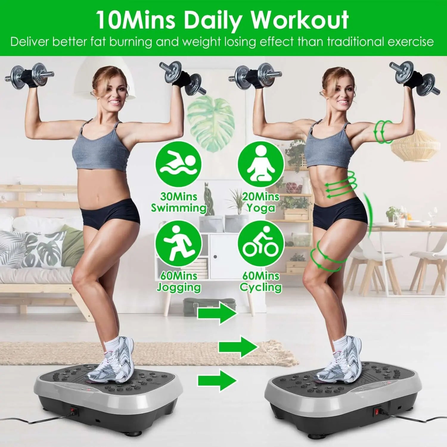 Vibration Plate Exercise Machine showcasing different workout options and benefits for effective fat burning.