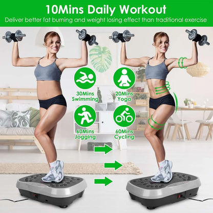 Vibration Plate Exercise Machine showcasing different workout options and benefits for effective fat burning.