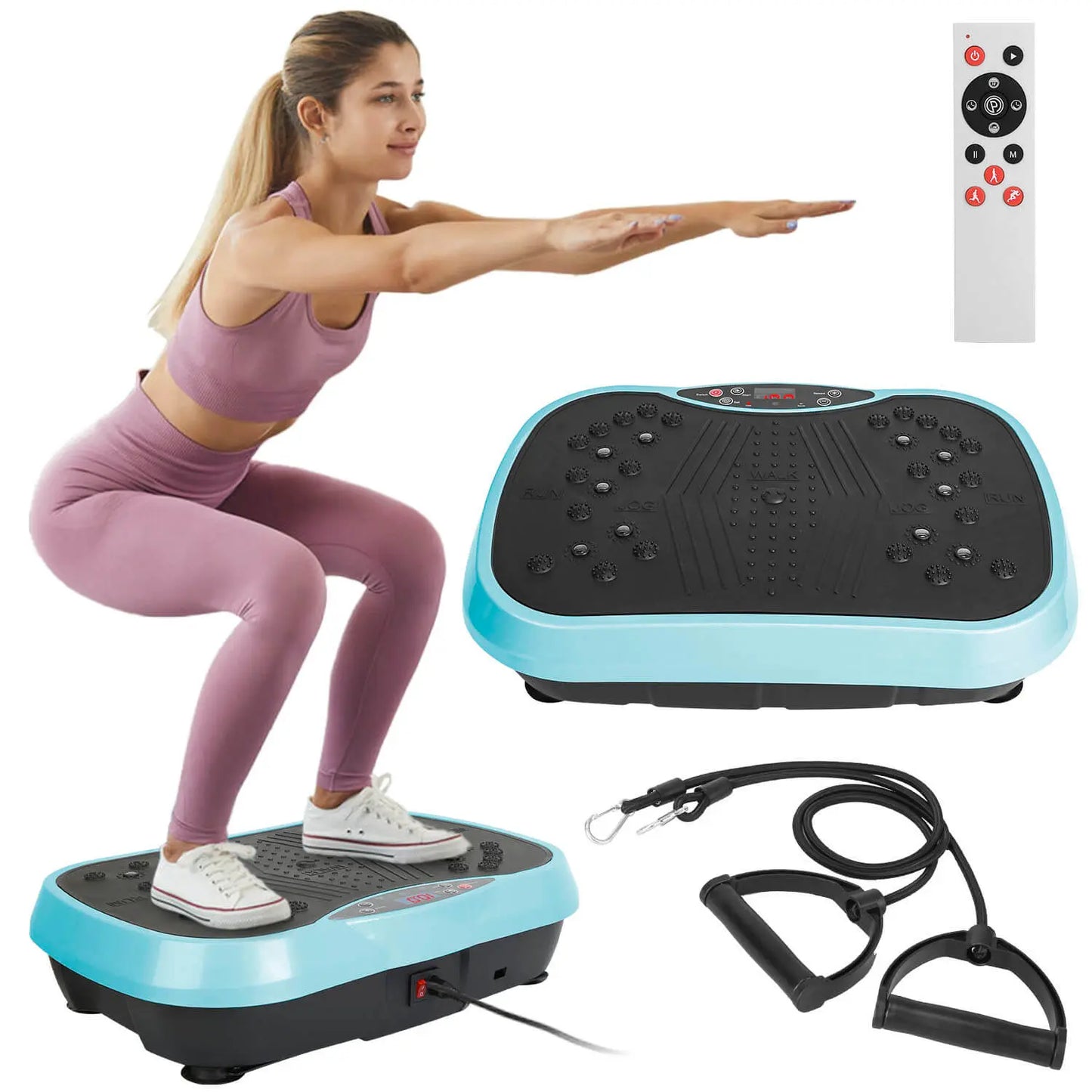 A woman using the Vibration Plate Exercise Machine, demonstrating a squat position while utilizing adjustable resistance bands.