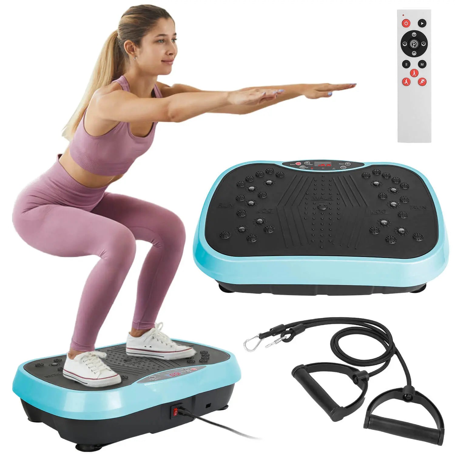 A woman using the Vibration Plate Exercise Machine, demonstrating a squat position while utilizing adjustable resistance bands.
