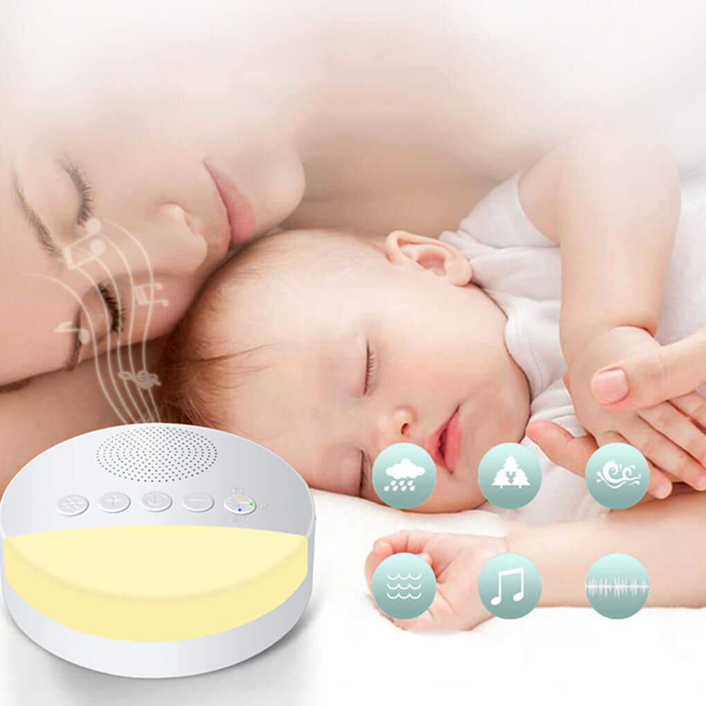White noise machine next to a sleeping mother and baby, promoting calming sounds for relaxation.