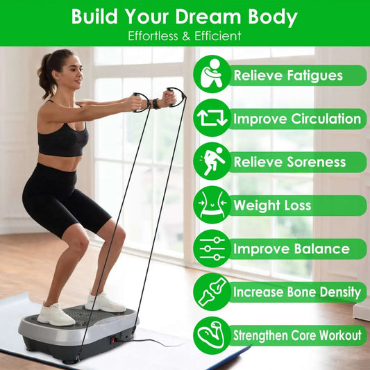 Vibration Plate Exercise Machine user performing exercises to improve balance and relieve fatigue in a home setting.