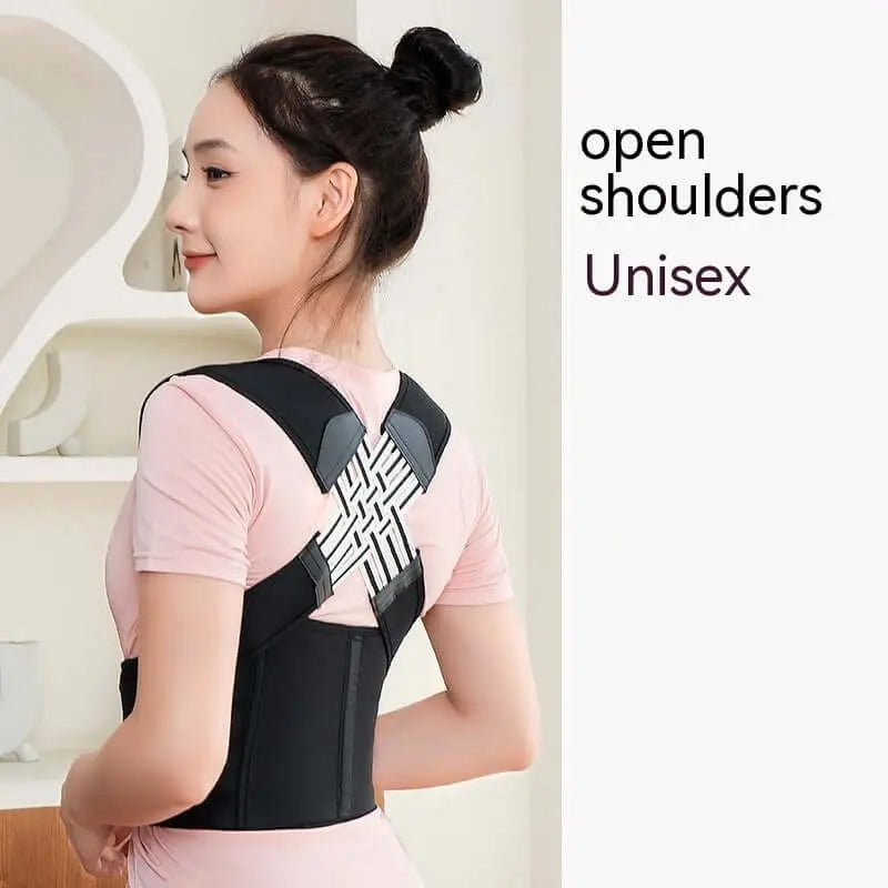 Woman wearing Adjustable Posture Support Brace for open shoulders, unisex design, promoting better posture.