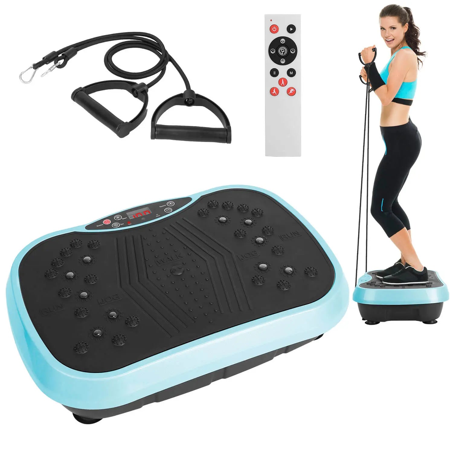 Vibration plate with accessories and a woman using it on a white background