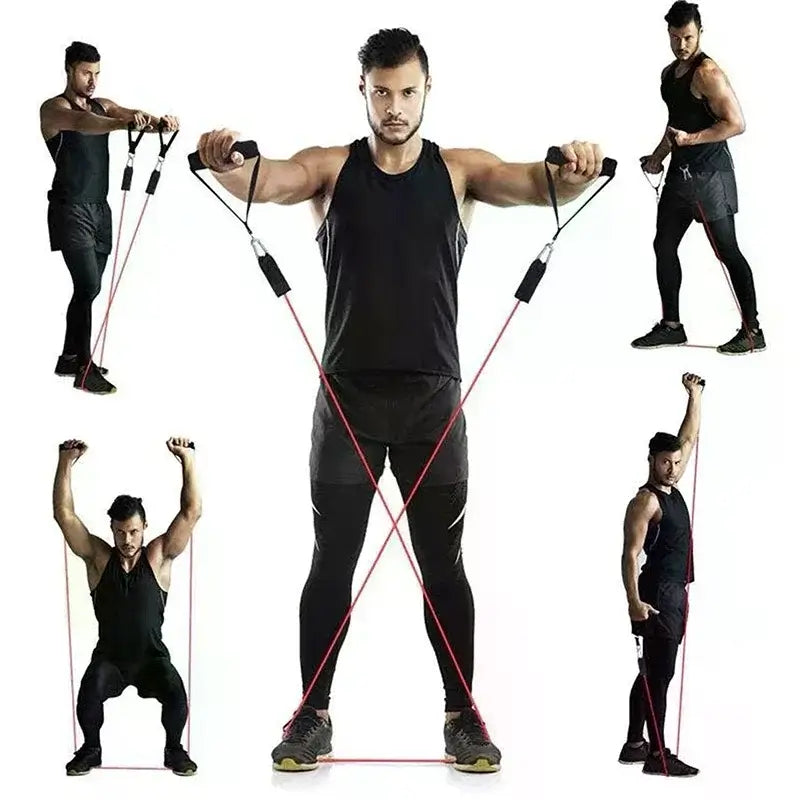 Man demonstrating various exercises with the 11-piece resistance bands set for home workouts.