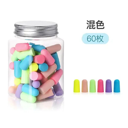 Colorful Sound Insulating Sleep Earplugs in a jar, 60 pieces for comfortable sleep and noise reduction.