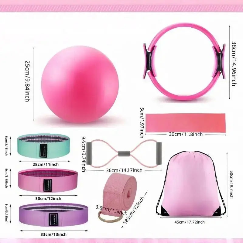 Pilates Loop & Stretch Kit components including a pink ball, resistance bands, and carrying bag for Pilates workouts.