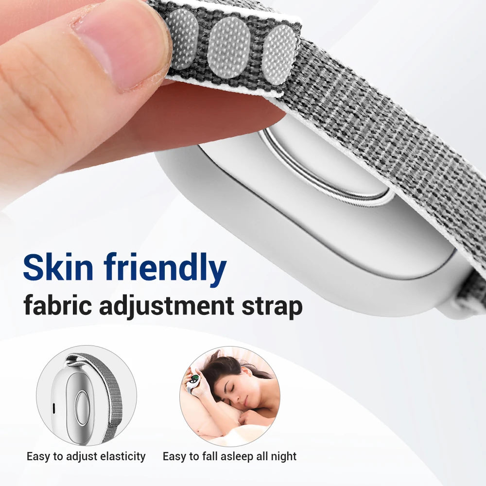 Fabric adjustment strap being held by a hand with text highlighting its skin-friendly properties.