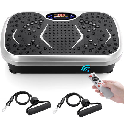 Vibration Plate Exercise Machine with remote control and resistance bands for effective workouts.