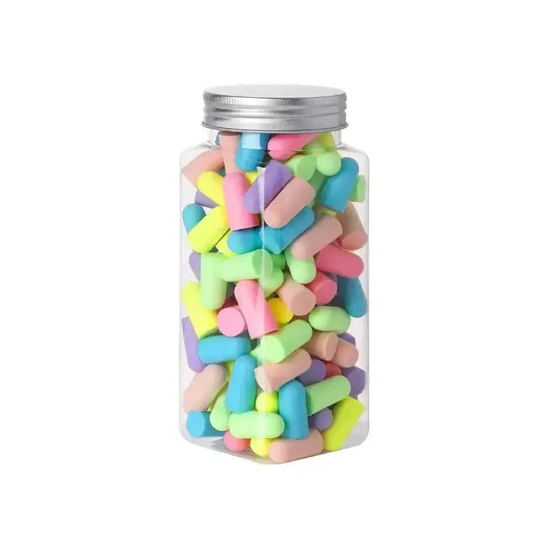 Colorful Sound Insulating Sleep Earplugs in a clear jar for effective noise reduction and peaceful sleep.