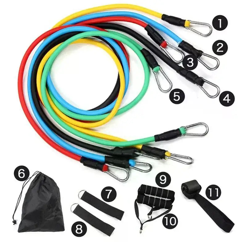 11-piece resistance bands set for home workouts with various resistance levels and accessories.