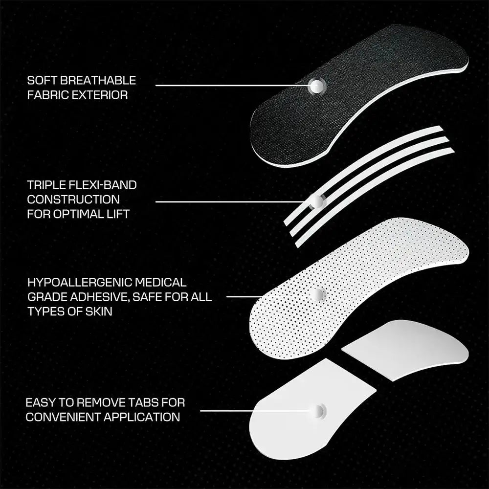 Nasal Strips featuring soft breathable fabric, triple flexi-band construction, hypoallergenic adhesive, and easy removal tabs.