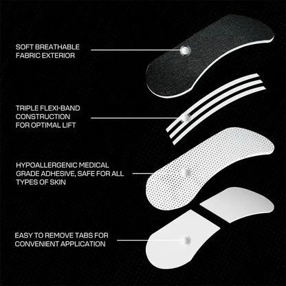 Nasal Strips featuring soft breathable fabric, triple flexi-band construction, hypoallergenic adhesive, and easy removal tabs.