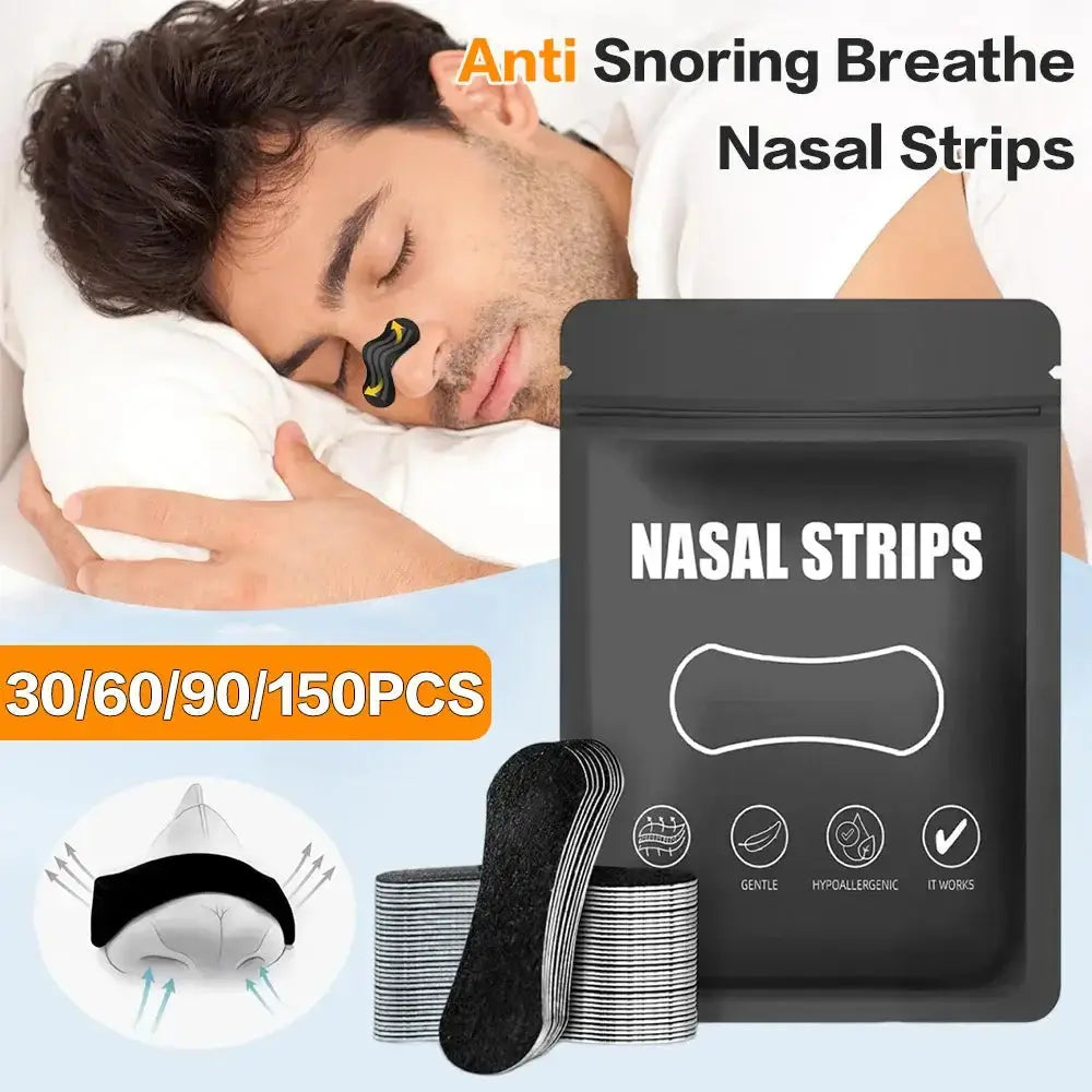 Nasal Strips packaging with a man peacefully sleeping, promoting better breathing and restful sleep.
