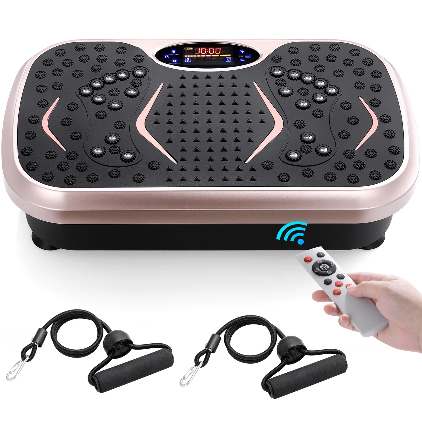Vibration Plate Exercise Machine with remote and resistance bands for effective workout and muscle activation.