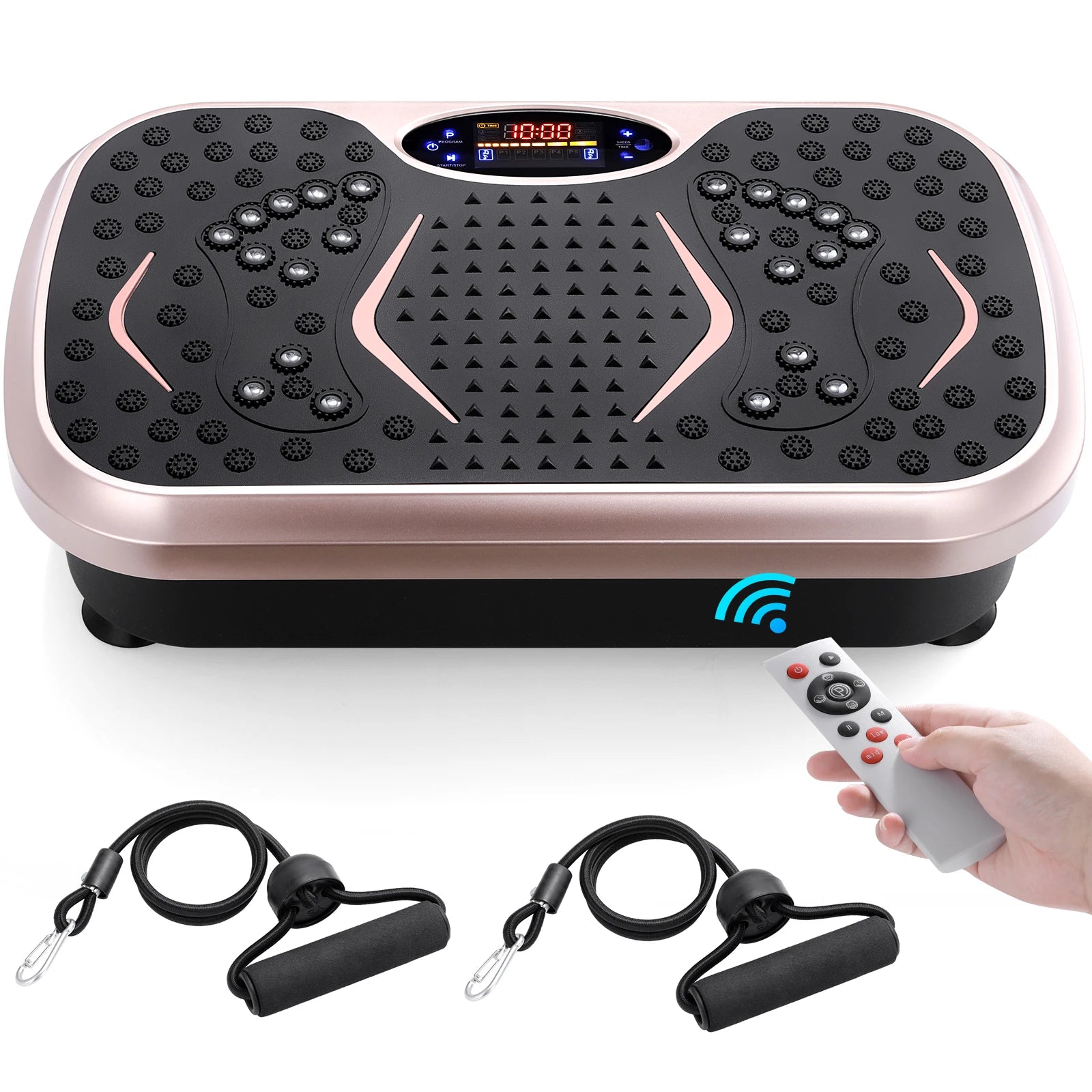 Vibration Plate Exercise Machine with remote and resistance bands for effective workout and muscle activation.