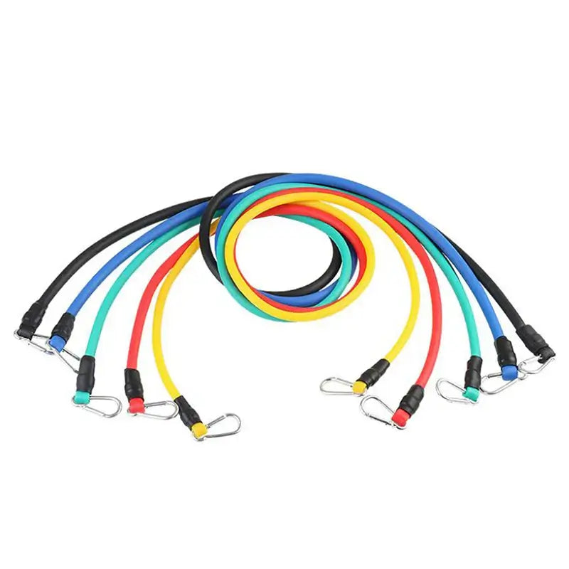 11-piece resistance bands set in various colors, perfect for home workouts and strength training.