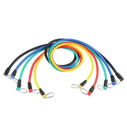 11-piece resistance bands set in various colors, perfect for home workouts and strength training.