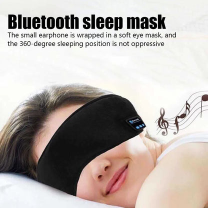 Woman wearing a Wireless Bluetooth Sleep Mask for comfortable music listening while resting.