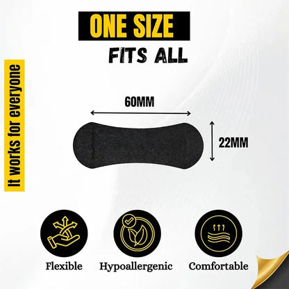 Nasal Strips design showing one size fits all, measuring 60mm x 22mm, highlighting flexible and comfortable features.
