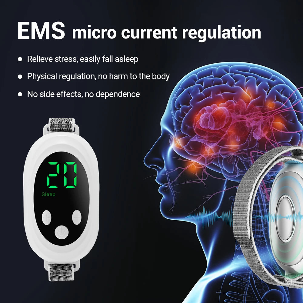 EMS device with digital display next to a brain illustration on a dark background
