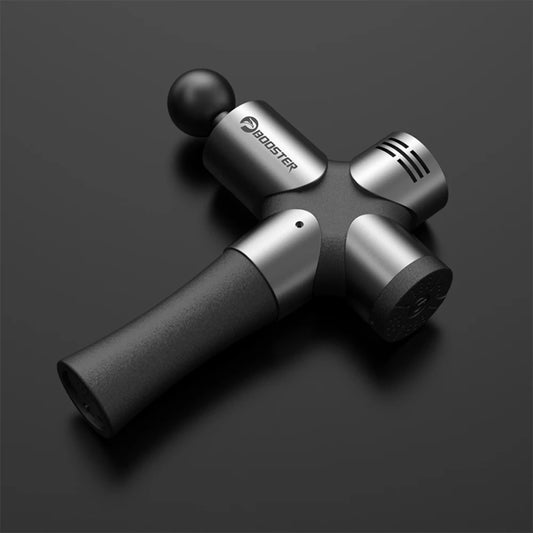 Massage gun with 'Booster' branding on a dark background
