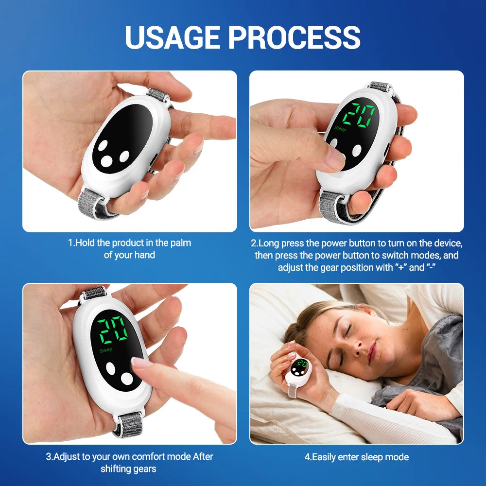 Step-by-step usage process of a device with digital display, held by a person and worn by a person sleeping.