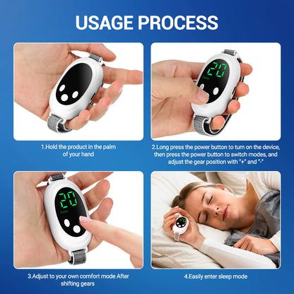Step-by-step usage process of a device with digital display, held by a person and worn by a person sleeping.