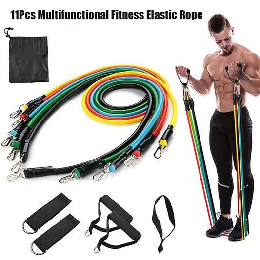 11-piece resistance bands set featuring colorful bands and accessories for home workouts.
