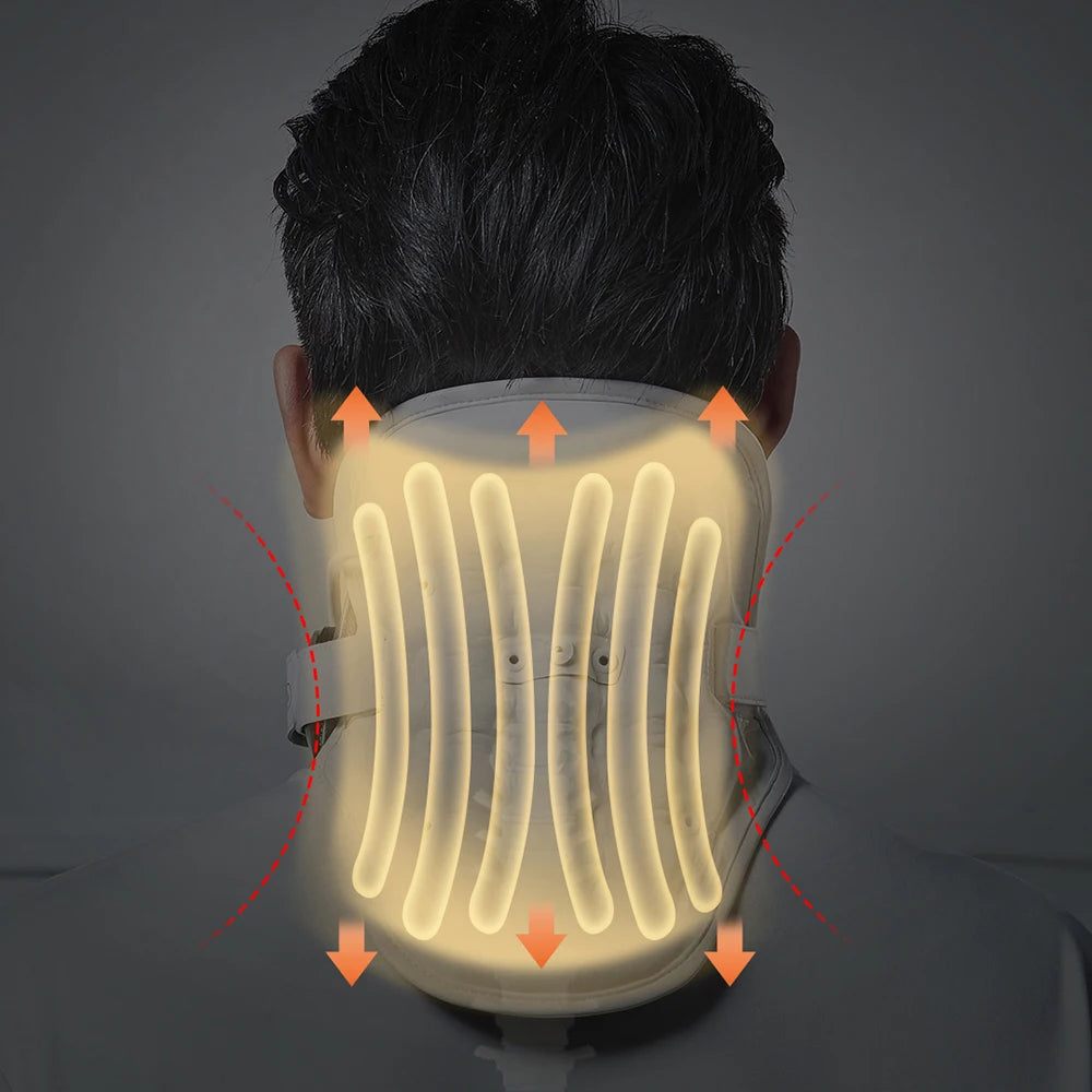 Neck posture corrector brace shown on a person, highlighting its design for improving neck alignment and reducing discomfort.
