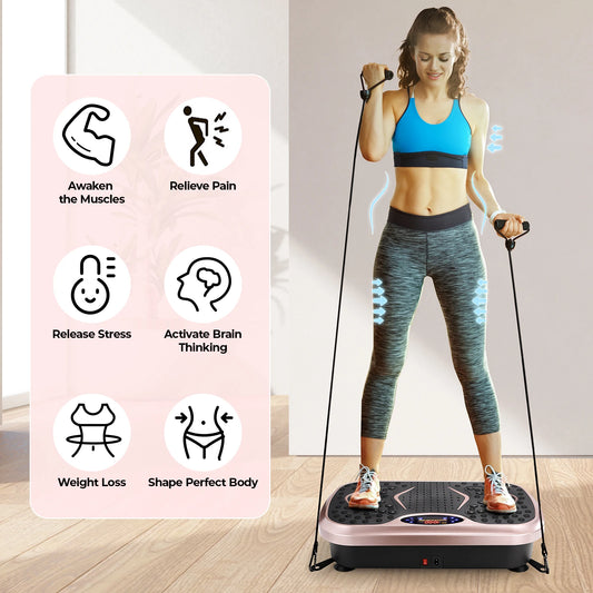 Woman using a vibration plate with icons on the left side indicating benefits.