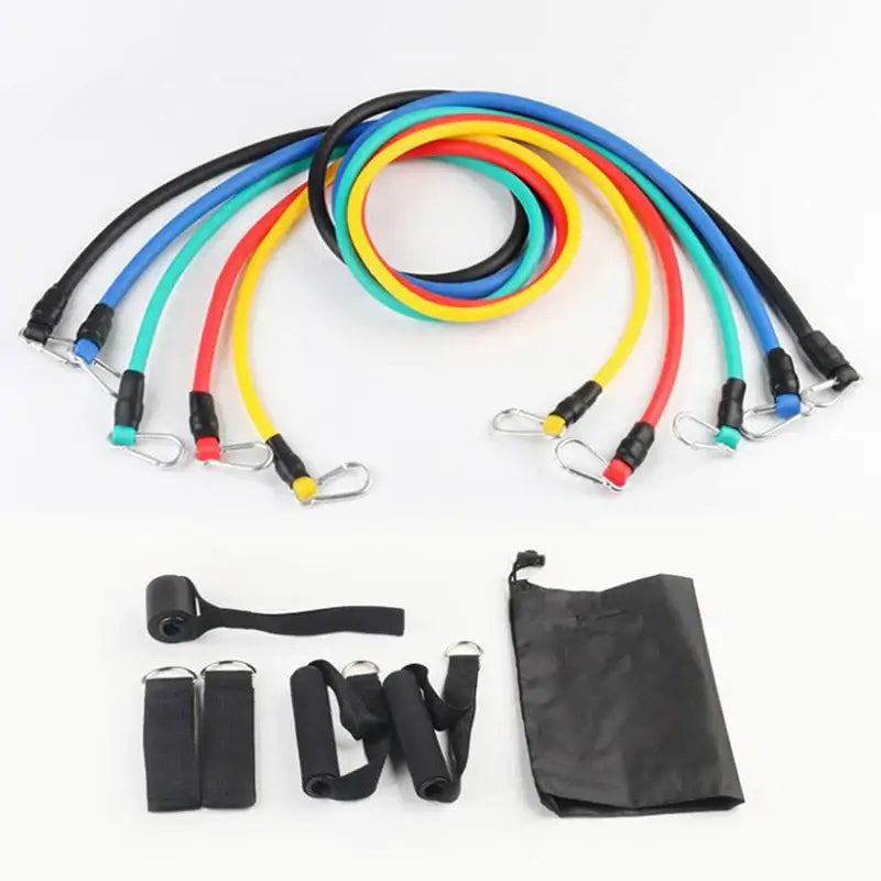 11-piece resistance bands set including various resistance bands and accessories for home workouts.