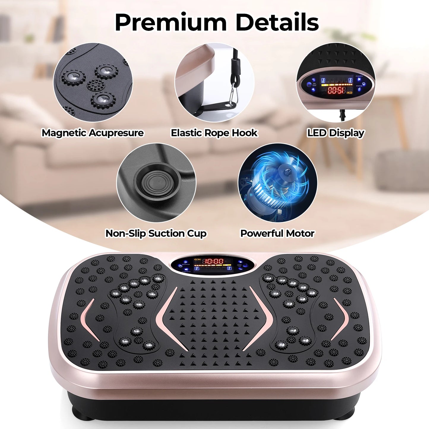 Vibration Plate Exercise Machine features premium details like LED display, non-slip suction cups, and powerful motor.