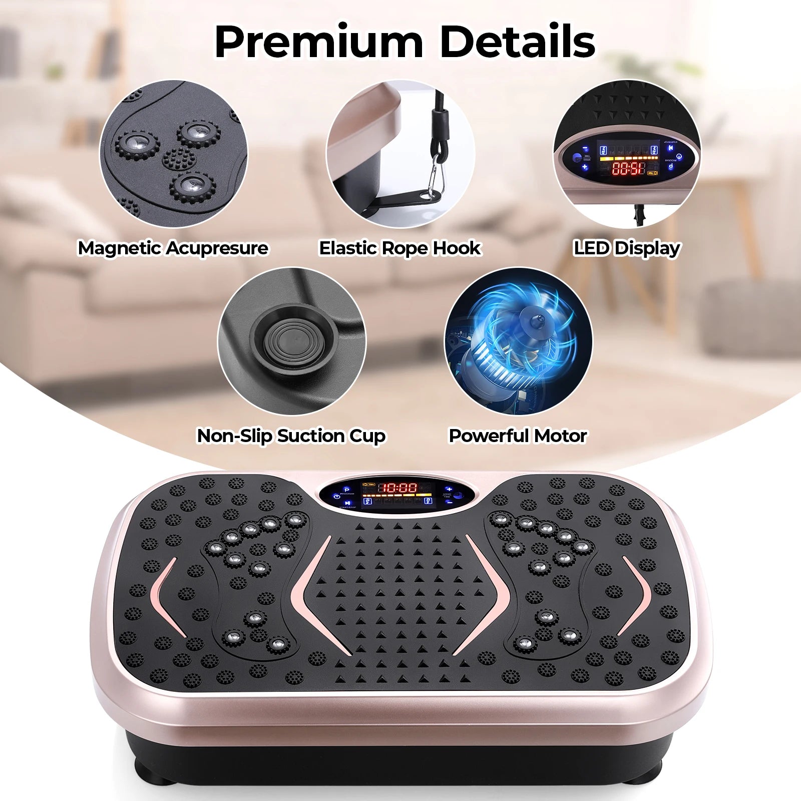 Vibration Plate Exercise Machine features premium details like LED display, non-slip suction cups, and powerful motor.