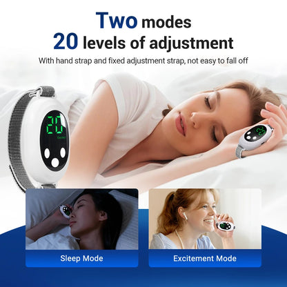 Woman using a device with digital display, labeled 'Two modes 20 levels of adjustment', on a white background.