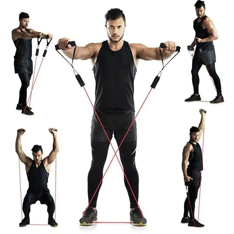 Man demonstrating exercises with an 11-piece resistance bands set for home workouts.