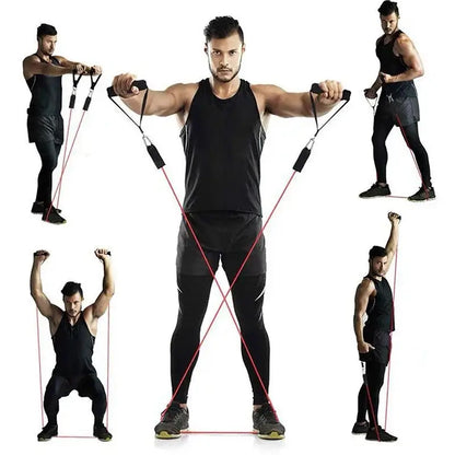 Man demonstrating exercises with an 11-piece resistance bands set for home workouts.