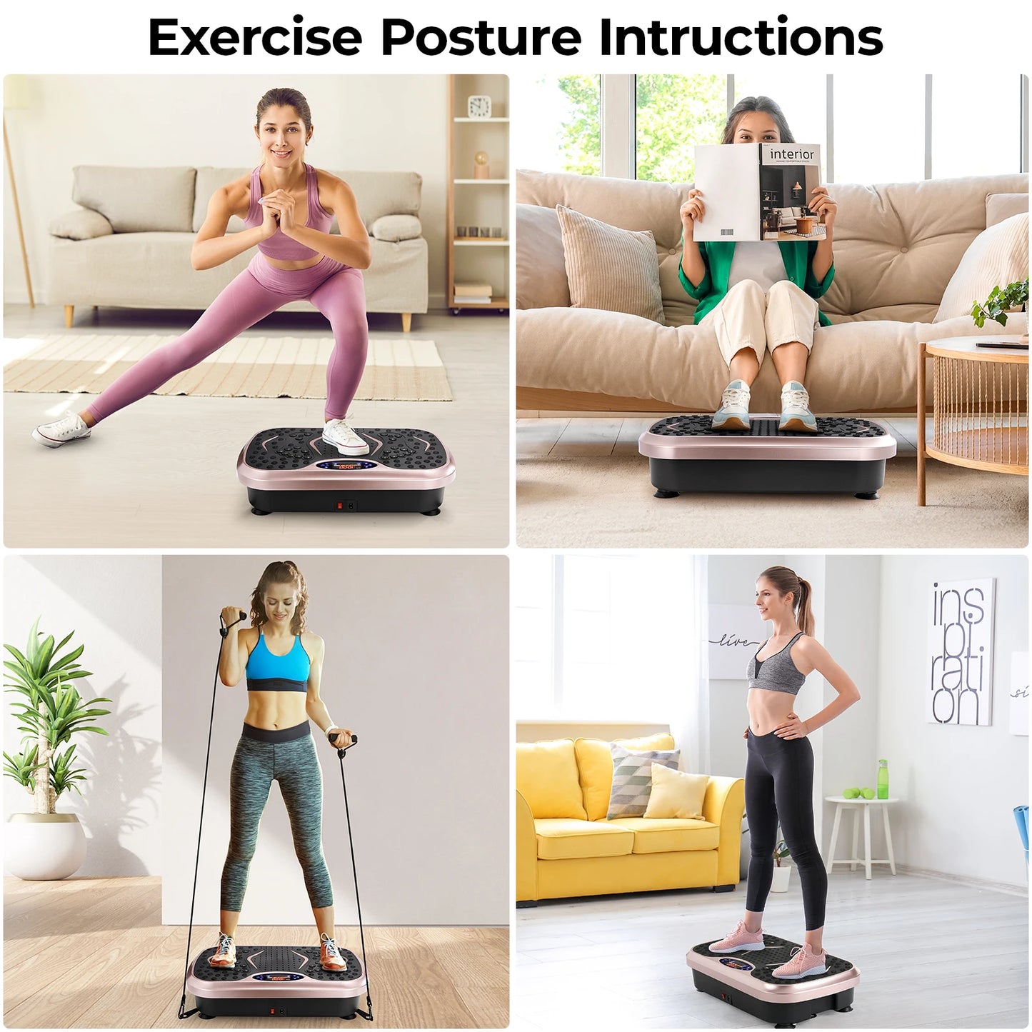 Vibration Plate Exercise Machine with users demonstrating exercises and postures for effective use in different environments.