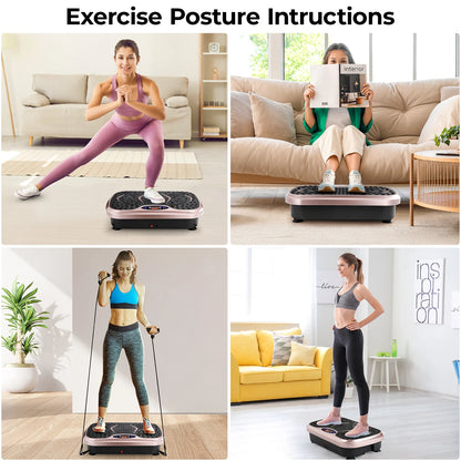 Vibration Plate Exercise Machine with users demonstrating exercises and postures for effective use in different environments.