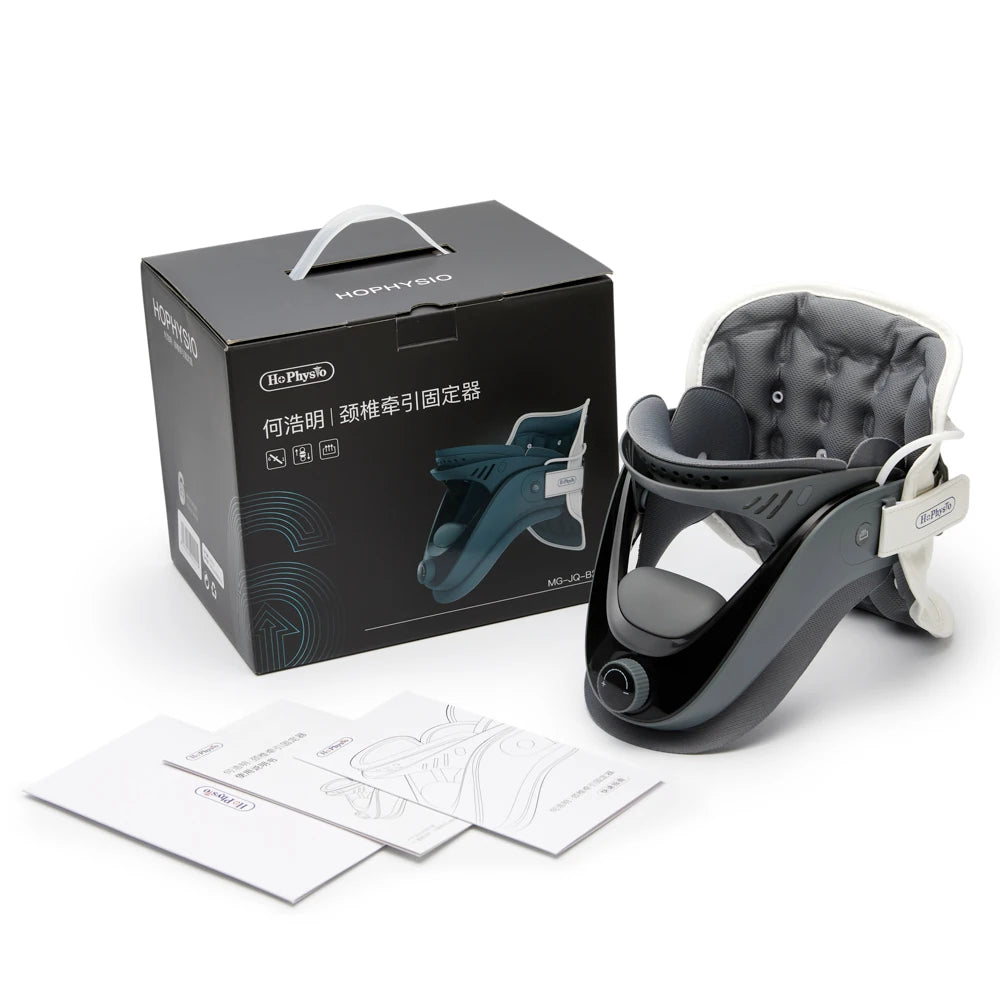 Neck Posture Corrector Brace displayed with packaging and instruction manuals for proper neck alignment support.