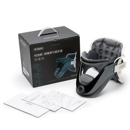 Neck Posture Corrector Brace displayed with packaging and instruction manuals for proper neck alignment support.