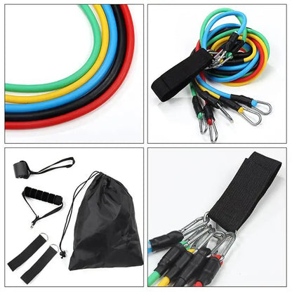 11-piece resistance bands set showcasing various resistance levels and accessories for effective home workouts.