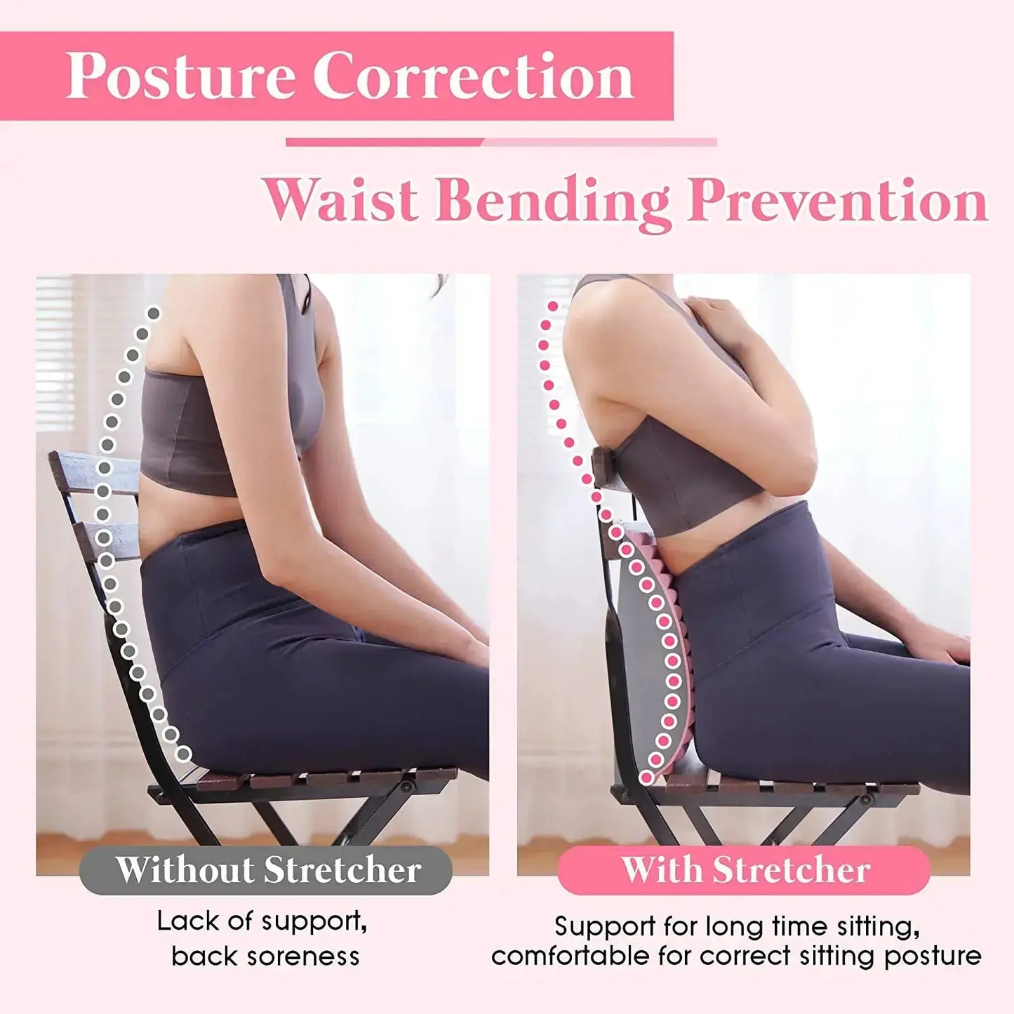 Comparison of back posture with and without Lower Back Stretcher, highlighting posture correction and waist bending prevention.